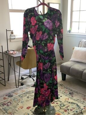 Zara Black Floral Maxi Dress with Pink & Purple Blooms